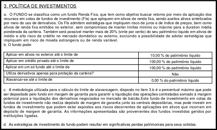 Exemplo de Política de Investimentos de um fundo profissional